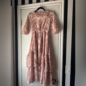 Joyfolie Mia Joy Blush Pink Embroidered Floral Tiered Midi Dress